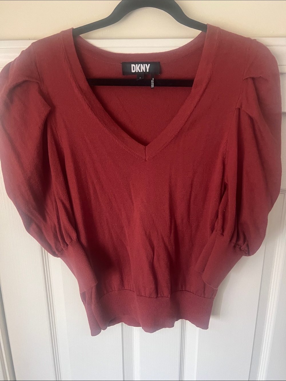 DKNY Rust V-Neck Puff Sleeve Sweater Top